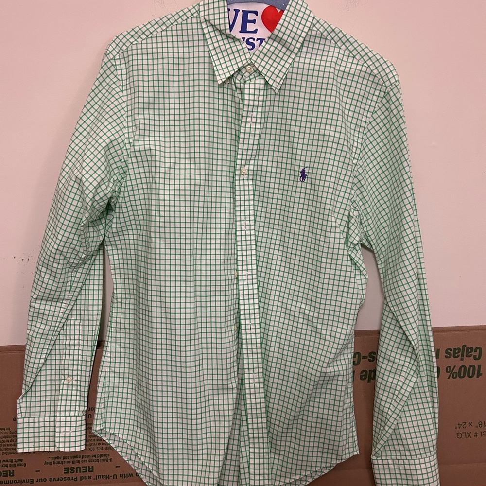 Mens Ralph Lauren Button‎ Down Long Sleeve Green White Checkered Shirt